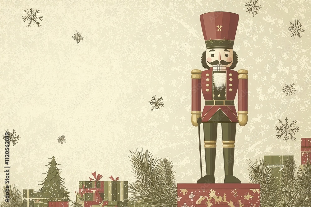 A nutcracker soldier figure stands proudly on a pedestal surrounded by colorful presents and a decorated tree. Snowflakes fall gently, creating a cheerful holiday atmosphere.