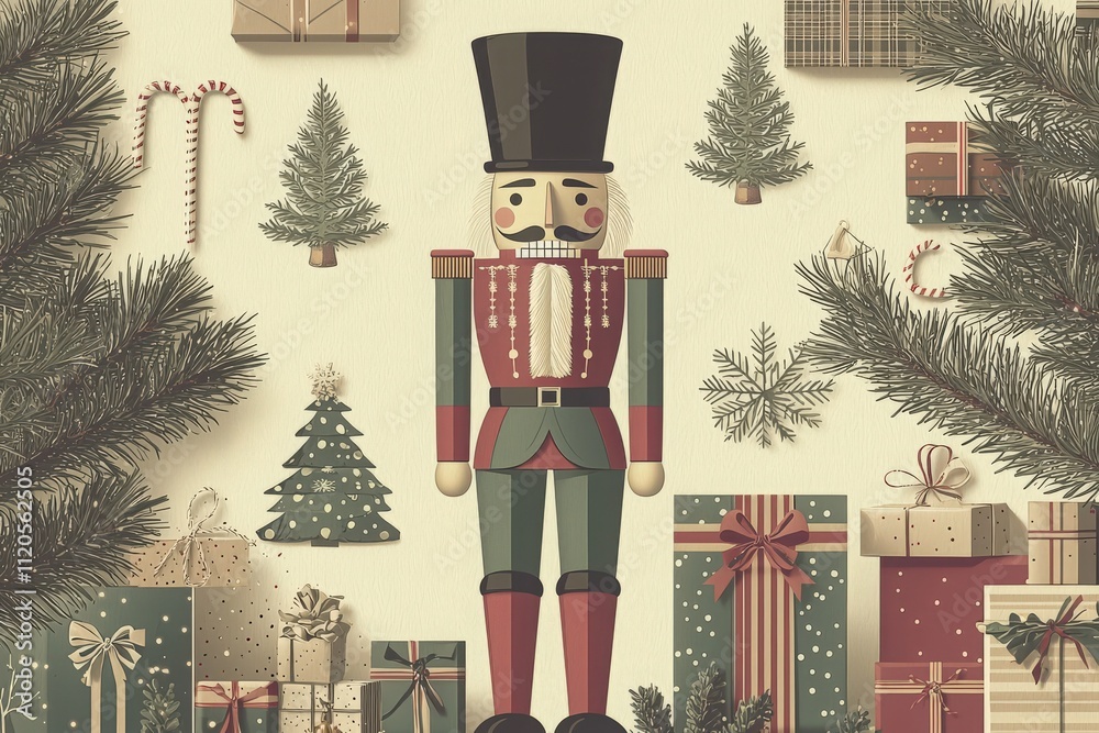 A nutcracker stands proudly amidst colorful wrapped gifts, Christmas trees, and decorative elements showcasing a joyous holiday atmosphere perfect for winter celebrations.