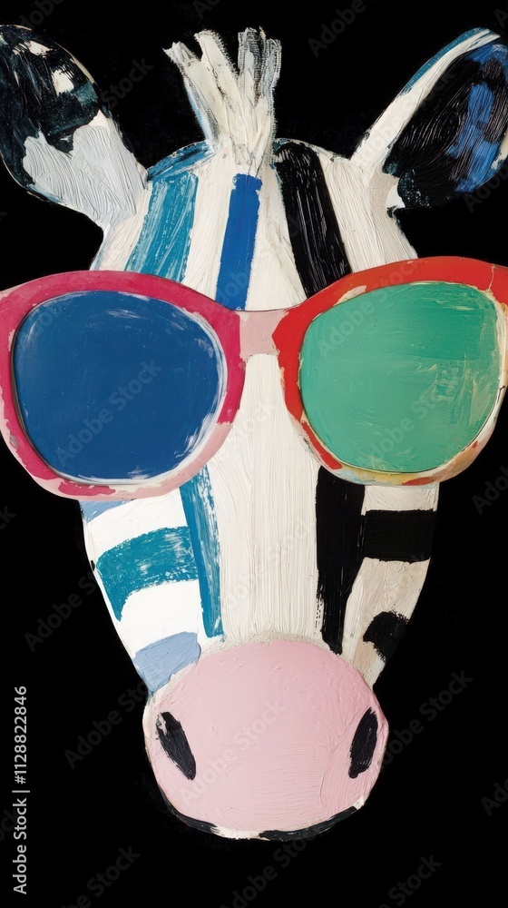 A painted depiction of a cows head featuring bold, colorful stripes and large, vibrant sunglasses. The artwork has a playful style, set against a contrasting black backdrop.