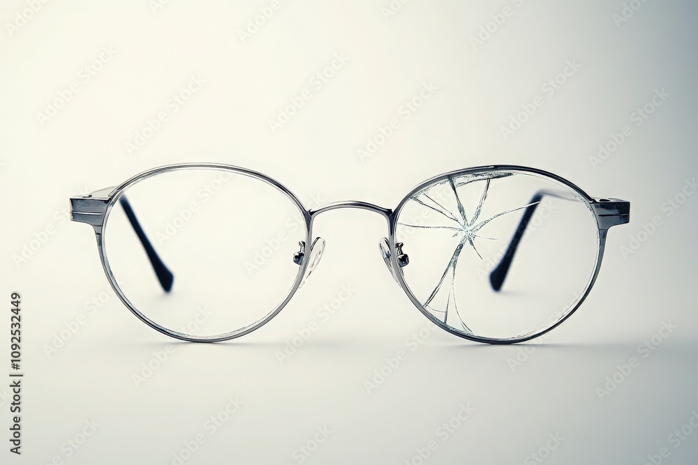 A pair of broken glasses sits on a flat surface, showcasing a cracked lens that highlights the theme of impairment. The design reflects a mix of vintage and contemporary styles.
