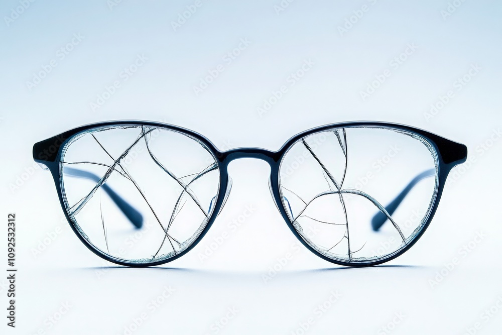 A pair of broken glasses with cracked lenses lies flat against a smooth, light-colored background. The shape of the glasses highlights their fragile condition, revealing intricate cracks.