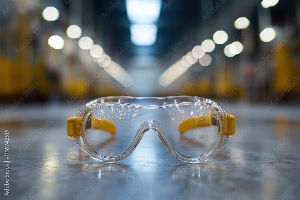 A pair of clear safety goggles with yellow accents rests on a concrete floor in a spacious warehouse. Soft lighting creates a focused atmosphere as workers carry out tasks in the background.