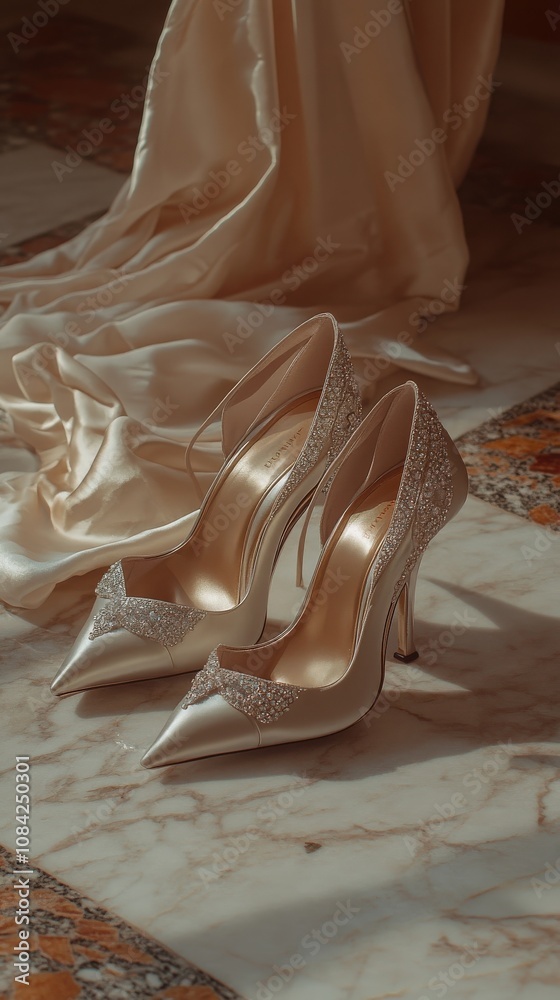 A pair of exquisite high heels featuring sparkling diamonds sits gracefully on a polished marble floor, complementing a flowing silk garment nearby. The scene exudes elegance and sophistication.