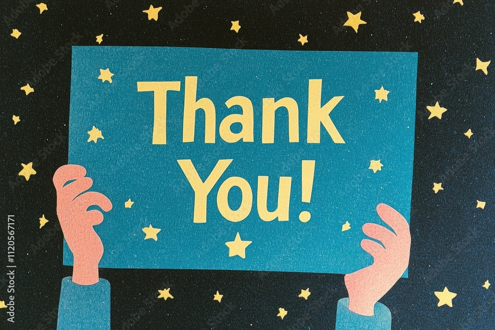 A pair of hands holds a blue sign that says thank you in large yellow letters against a dark background filled with stars. The design evokes feelings of appreciation and warmth.