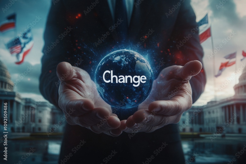 A pair of hands supports a glowing globe featuring the word Change, set against a backdrop of flags and a government building. The atmosphere conveys a sense of hope and transformation.
