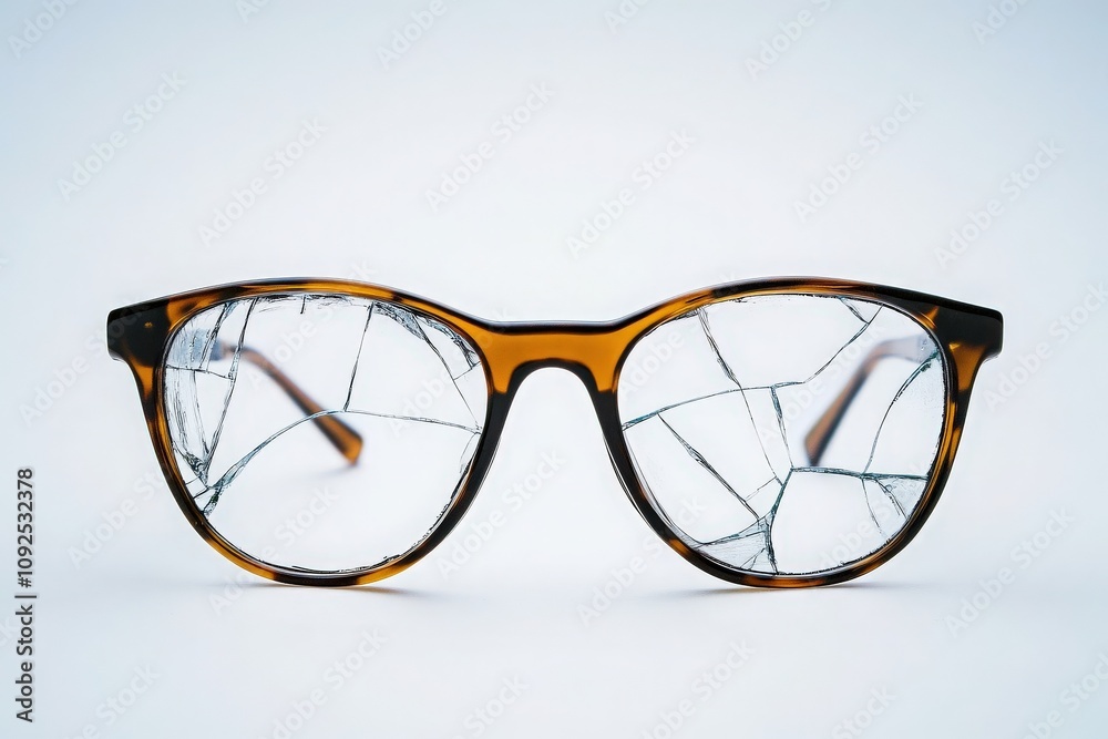 A pair of stylish glasses with cracked lenses is displayed against a minimalistic background. The damage highlights the fragility of everyday objects, inviting reflection on care and repair.