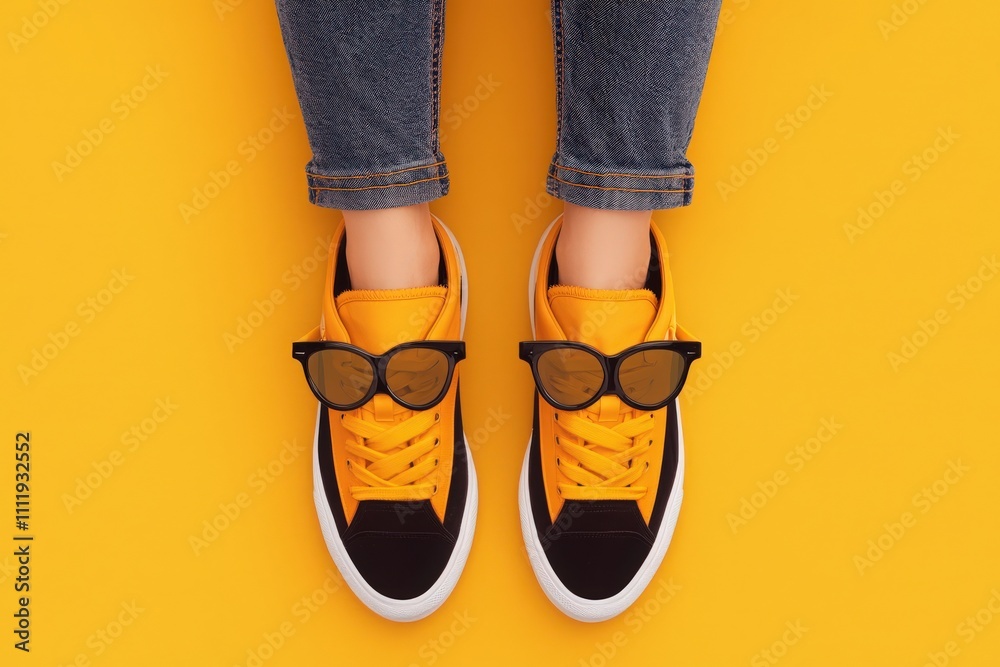 A pair of trendy black and yellow sneakers rests on a bright yellow background. Small round sunglasses sit on the sneakers, adding a fun and stylish touch to the vibrant setup.