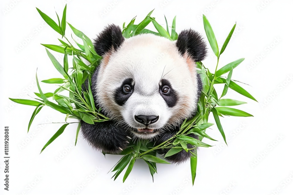 A panda interacts with fresh bamboo, appearing playful and curious. The animals black and white fur contrasts with the green leaves, creating a lively atmosphere.
