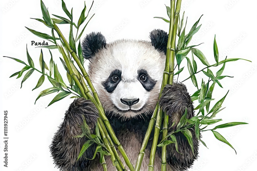 A panda is seen playfully holding several bamboo stalks, surrounded by green foliage. This adorable animal thrives in a serene environment, showcasing its love for bamboo.