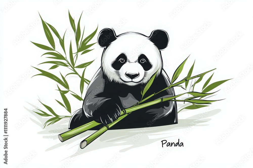 A panda sits contentedly while holding bamboo sticks, surrounded by vibrant green leaves. This reflects the animals natural habitat and diet. The calm setting enhances the charm of the scene.
