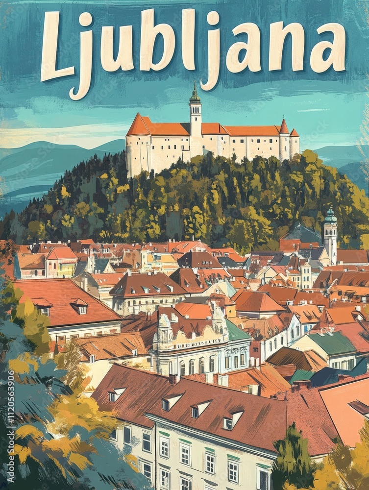 A panoramic view of Ljubljana displays the iconic castle perched on a hilltop. Below, charming rooftops create a vibrant tapestry, framed by lush greenery and blue skies.