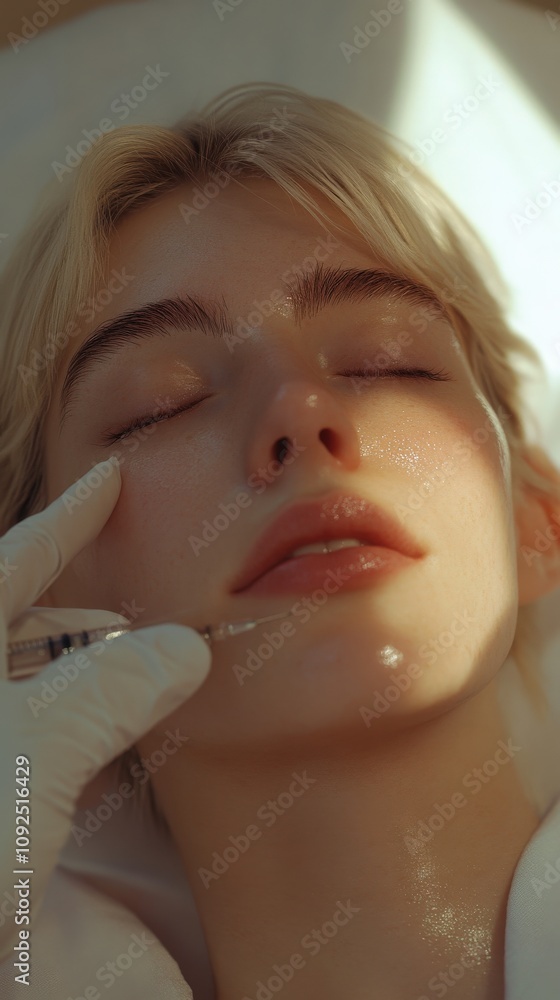 A patient relaxes while receiving a cosmetic treatment. A professional administers injections near the patients lips, highlighting a serene atmosphere and soft natural lighting.