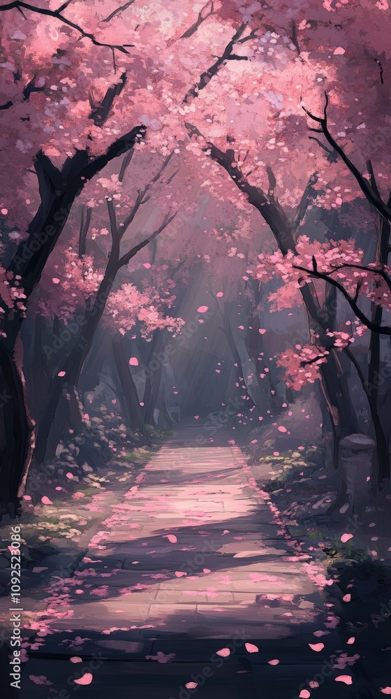 A peaceful path meanders through a forest of cherry blossom trees, with pink petals gently falling on the stone walkway. Soft light filters through the branches, creating a magical atmosphere.