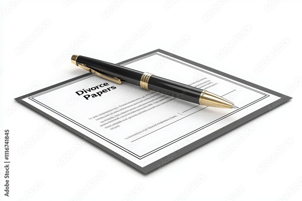A pen rests elegantly on top of divorce papers designed for official signings. The documents reflect the serious nature of the separation process, symbolizing important life changes.