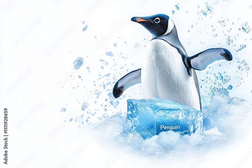 A penguin is poised on a clear block of ice, surrounded by playful snowflakes in a bright and airy setting. The scene captures the essence of a cold habitat and the penguins charming demeanor.