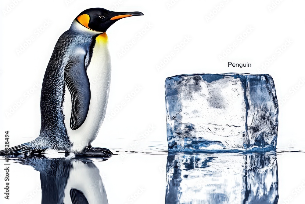 A penguin is positioned beside a large, clear ice block surrounded by water. The setting reflects a chilly environment, suggesting a natural habitat for the penguin.