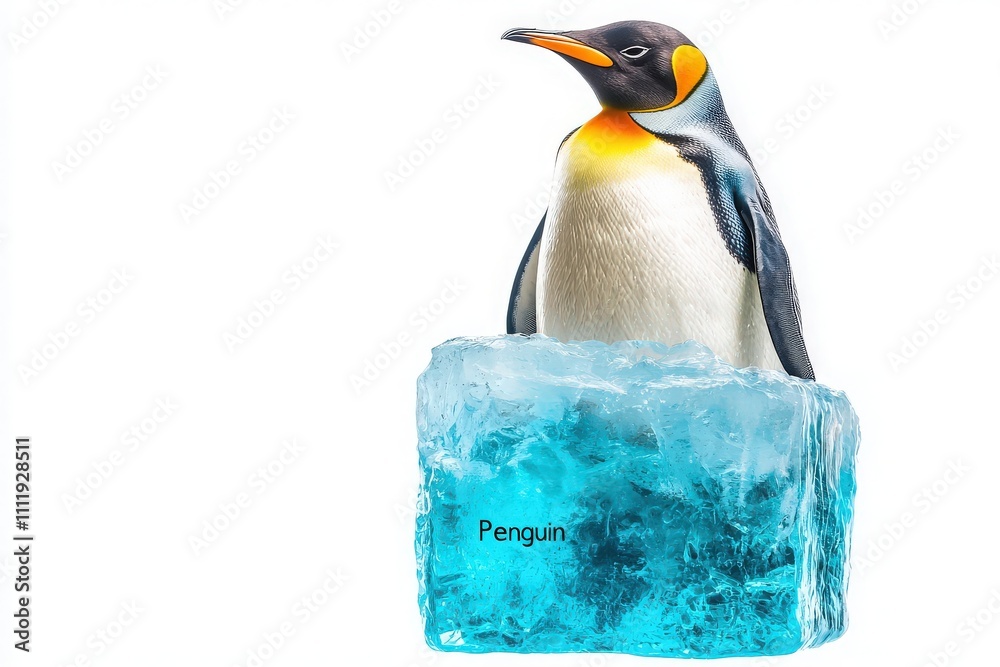 A penguin rests on a vibrant blue ice block, showcasing its distinct orange and yellow markings. The bright background highlights the penguins features, creating an engaging visual.