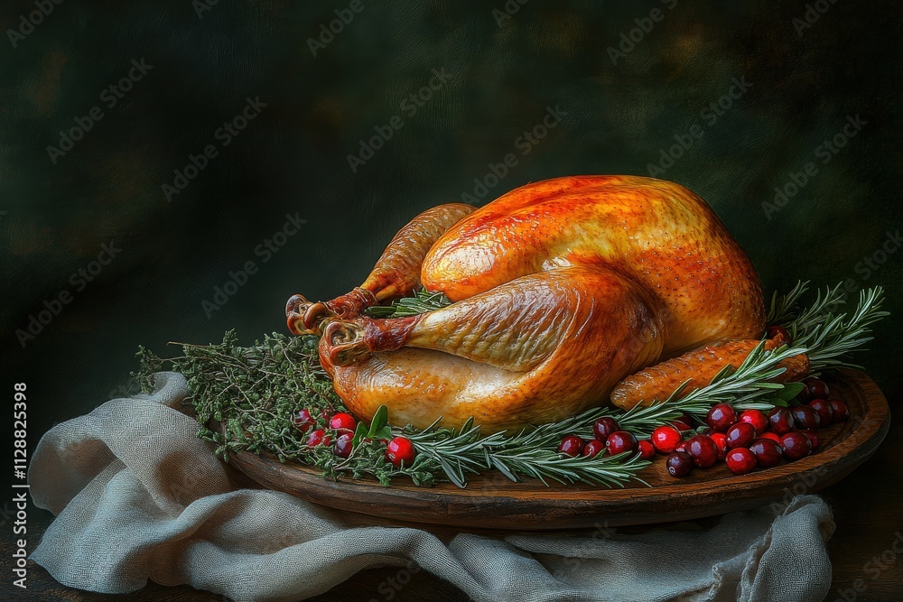 A perfectly roasted turkey rests on a wooden platter, surrounded by fresh herbs and vibrant cranberries. The warm, golden exterior highlights a festive presentation ideal for celebratory meals.