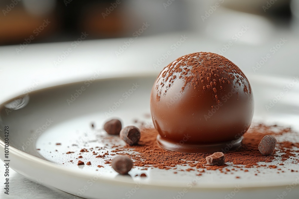 A perfectly shaped gourmet chocolate sits atop a white plate, surrounded by fine cocoa powder and small chocolate pieces, creating an appealing and sophisticated dessert presentation.