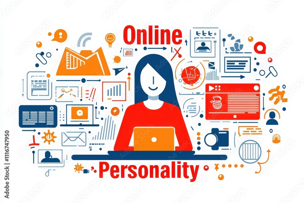 A person engaged with a laptop represents the concept of building an online personality. Surrounding elements showcase various digital tools and social media icons, emphasizing virtual interaction.