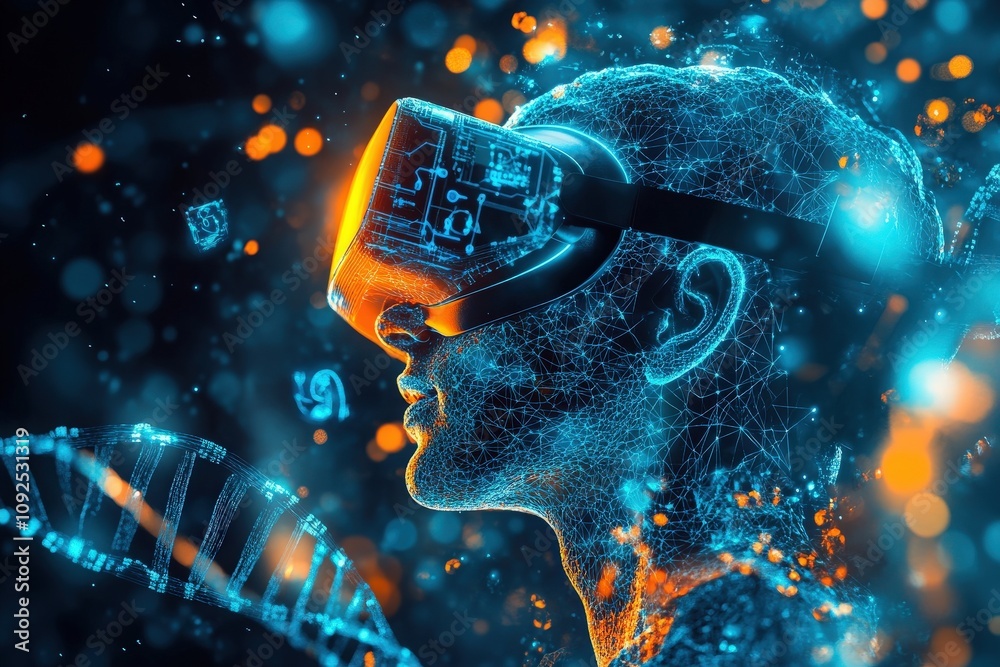A person engages with virtual reality using advanced technology, surrounded by vibrant digital graphics and holographic elements. The atmosphere conveys a sense of innovation and exploration.