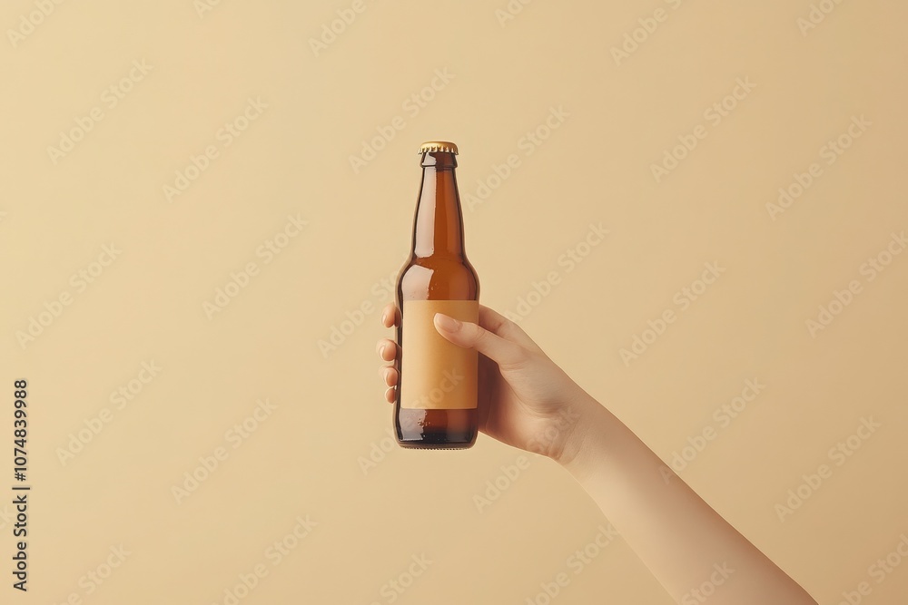 A person holds a beer bottle mockup with a neutral beige label, showcasing the design against a soft beige backdrop, ideal for branding or marketing projects.