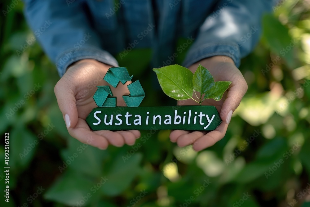 A person holds a sign showing the word sustainability along with a recycling symbol and fresh green leaves. The setting is lush with greenery, emphasizing environmental awareness.