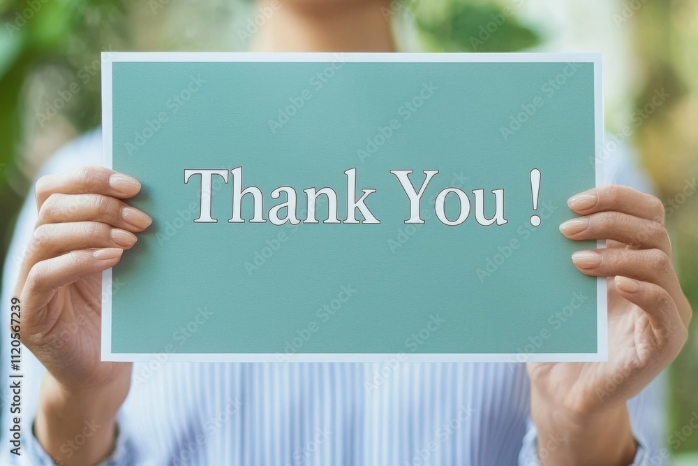 A person holds a thank you card in both hands, showing appreciation. The setting features lush greenery in the background, indicating a warm, sunny day.
