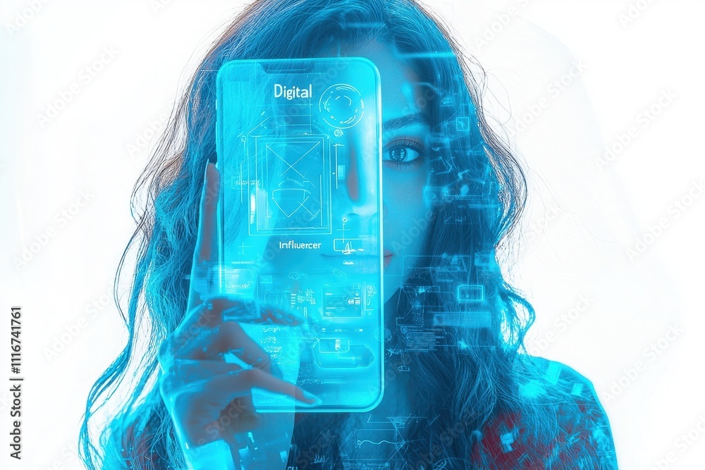 A person holds a transparent smartphone displaying digital data, symbolizing the intersection of technology and social media. The background is ethereal, creating a futuristic atmosphere.