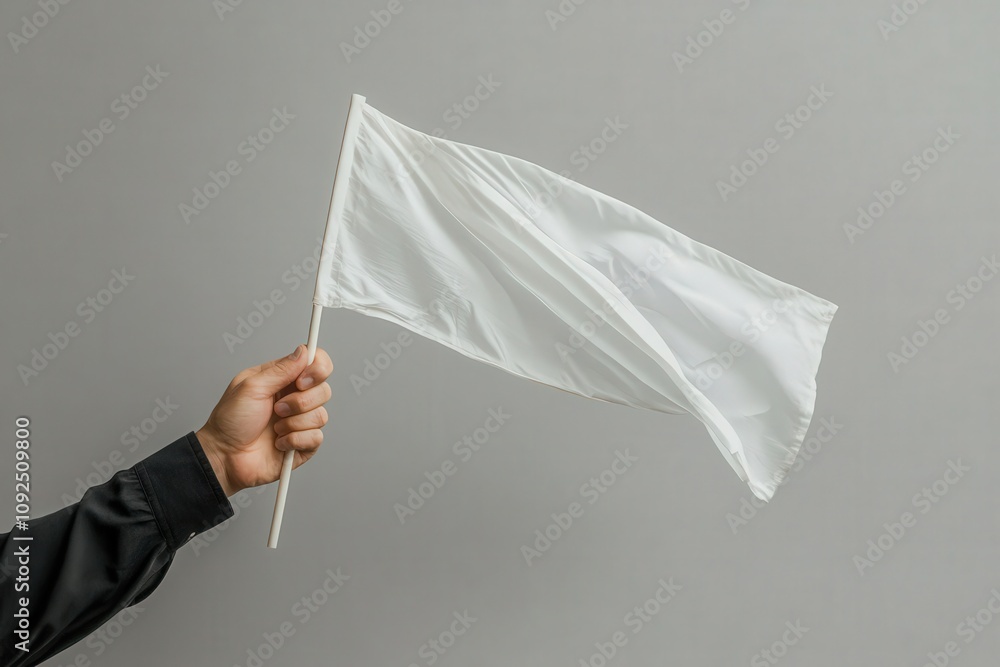 A person holds a white flag with a firm grip, signifying a call for peace or surrender, against a plain gray backdrop. The expression emphasizes the importance of communication and resolution.