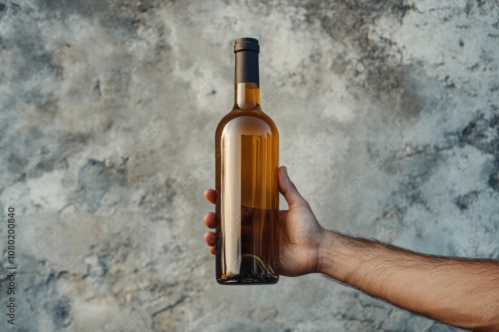 A person holds a wine bottle mockup at an angle, showcasing the products unique design against a soft light gray background. The focus highlights the bottles shape and clarity.
