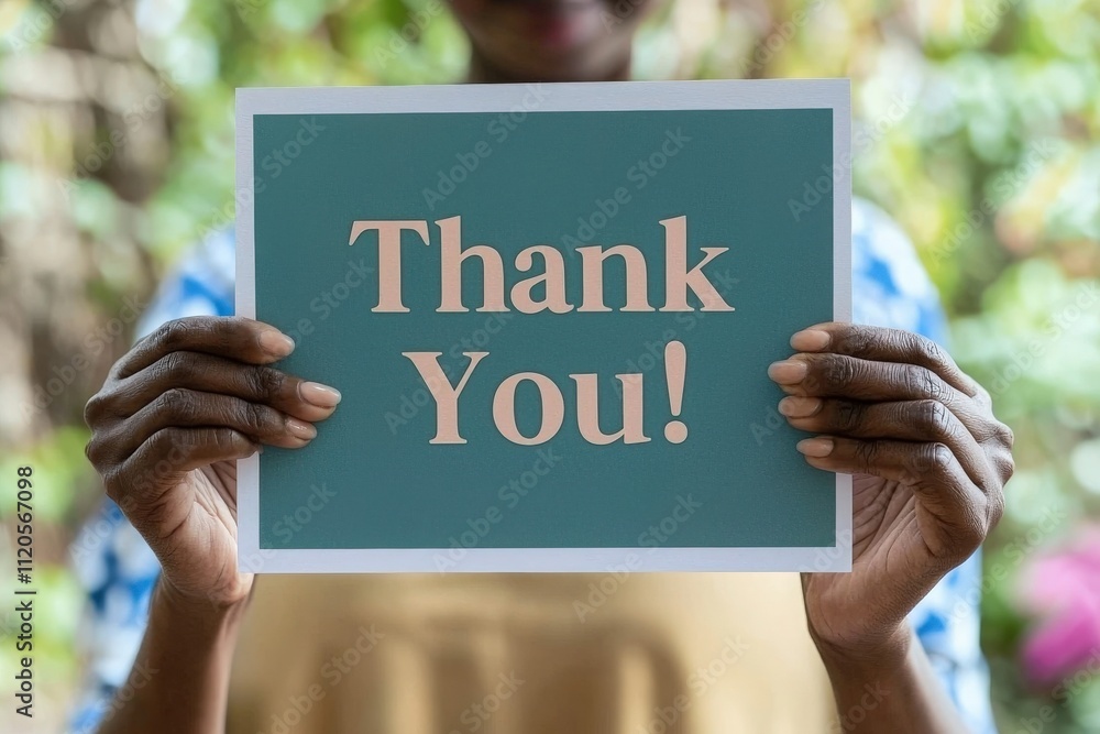 A person holds up a light blue sign that says thank you while standing outdoors surrounded by greenery and flowers. The scene conveys appreciation and warmth during a sunny day.