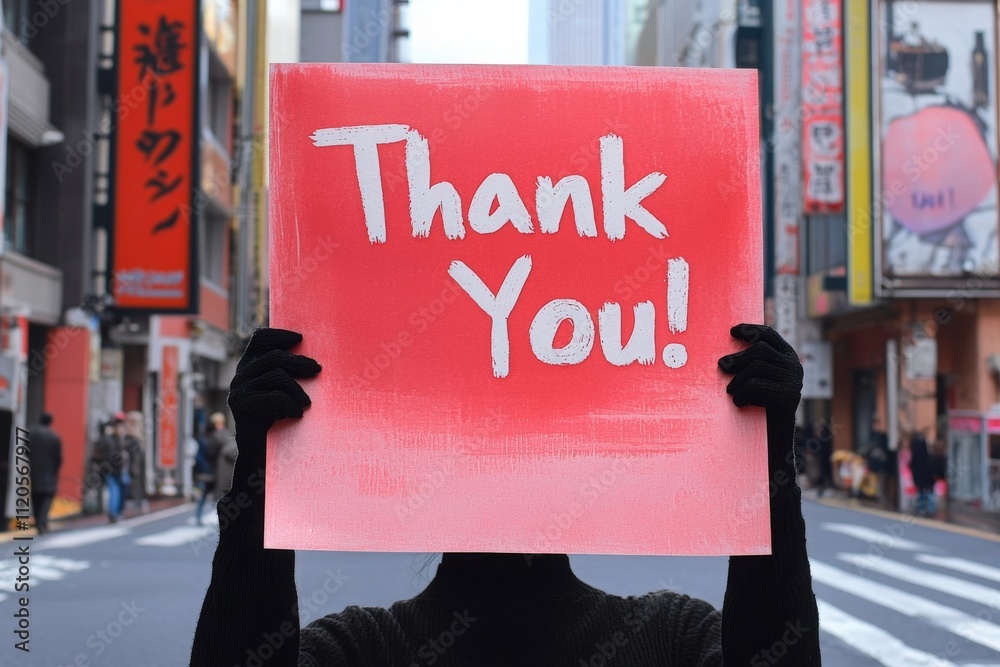 A person holds up a vibrant thank you sign in a bustling city street surrounded by tall buildings and pedestrians, conveying a message of appreciation in a lively atmosphere.