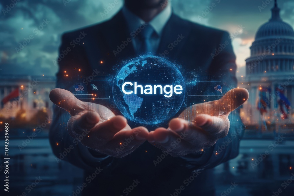 A person in a business suit holds a glowing globe with the word Change prominently displayed. The backdrop features a government building under a dramatic sky, symbolizing transformation.