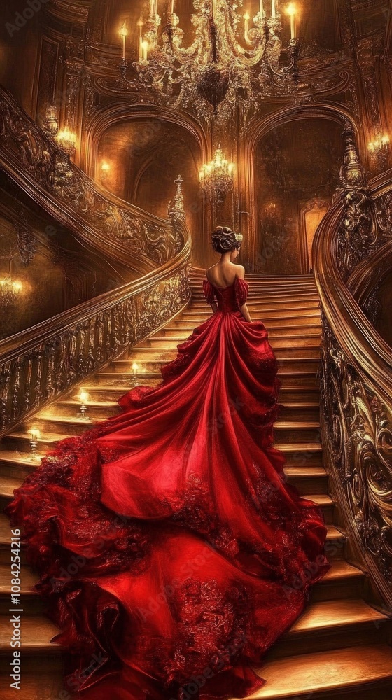A person in a luxurious red gown elegantly walks down a beautifully ornate staircase adorned with chandeliers. The rich details of the gown enhance the opulence of the setting.