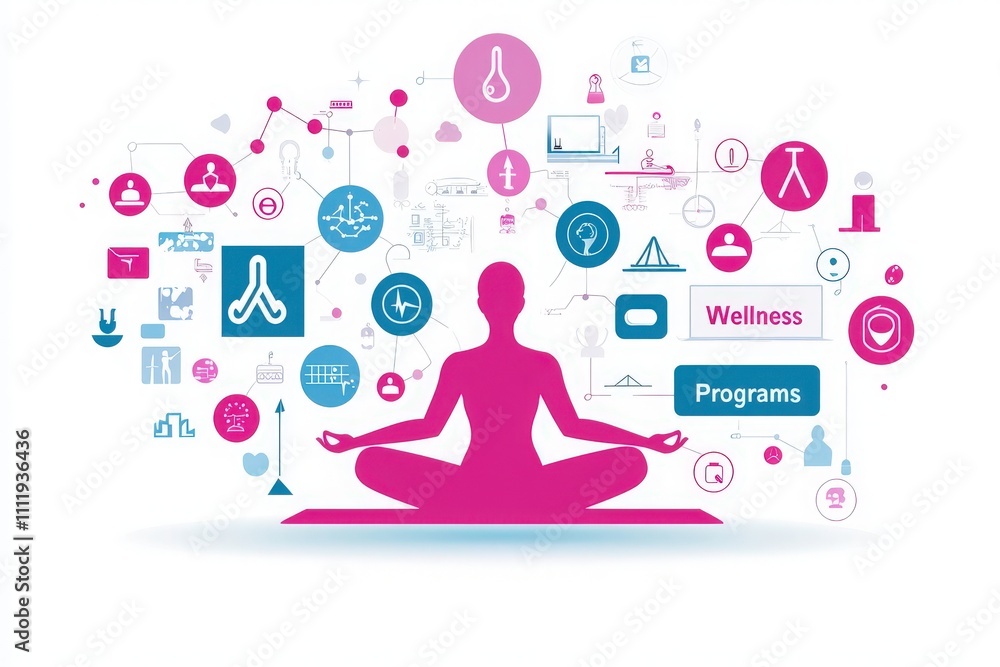 A person in a meditative posture is surrounded by icons representing wellness concepts. Various symbols signify health, balance, and personal growth in a serene environment.