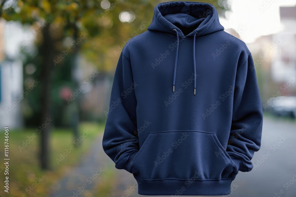 A person is dressed in a simple navy hoodie, with hands tucked into the front pocket, standing on a sidewalk surrounded by trees with autumn leaves. The background shows a quiet suburban street.