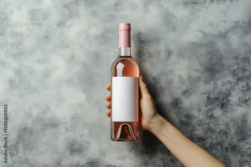 A person is holding a wine bottle with a blank label, showcasing a light pink wine. The backdrop is a soft, light gray texture that emphasizes the bottles design potential.