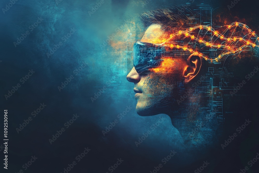 A person is immersed in a virtual reality experience, wearing a cutting-edge headset that blends technology with vibrant, glowing visuals. The atmosphere is futuristic and dynamic.