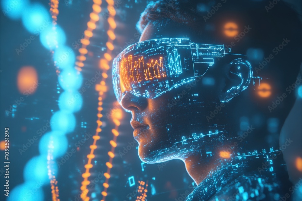 A person is seen wearing advanced digital glasses that display vibrant data streams. The surrounding atmosphere is filled with animated glowing patterns, creating a futuristic cyber landscape.