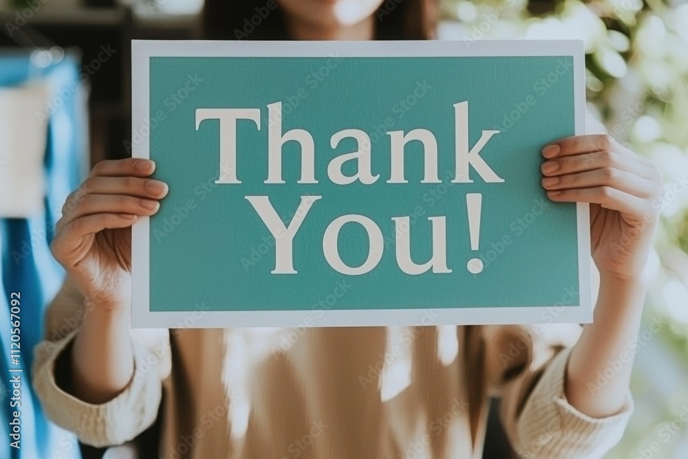 A person is smiling and holding up a turquoise sign that reads Thank You! The setting is bright and inviting, possibly in a cafe or office with greenery in the background.