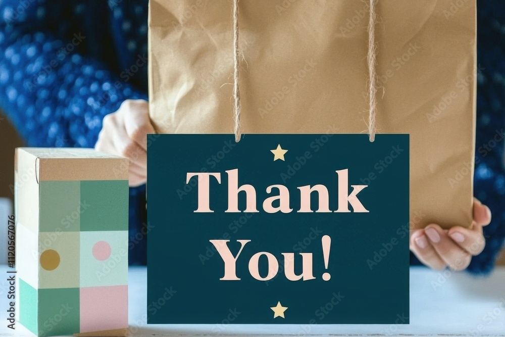 A person presents a brown paper gift bag with a Thank You! sign attached, showcasing gratitude. A small, colorful gift box is placed nearby on a table, creating a warm atmosphere.