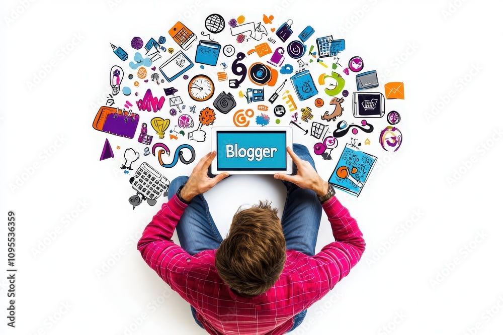 A person sits cross-legged, holding a tablet displaying the word Blogger. Surrounding them are colorful icons and symbols representing various aspects of blogging and digital media.