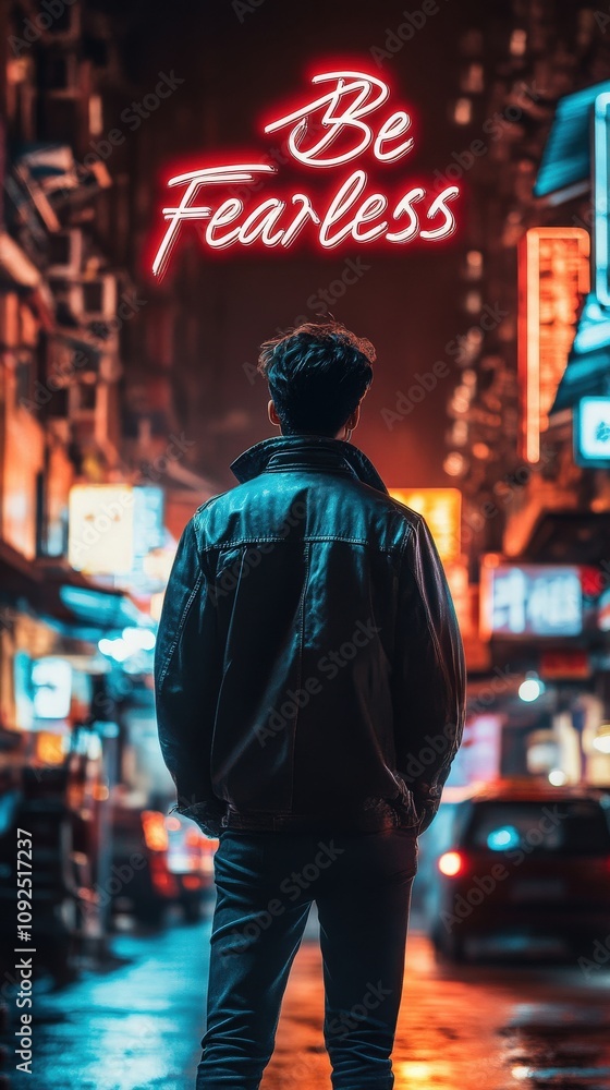 A person stands alone on a bustling urban street at night, surrounded by vibrant neon signs. The atmosphere feels electric, encouraging a sense of bravery and adventure.