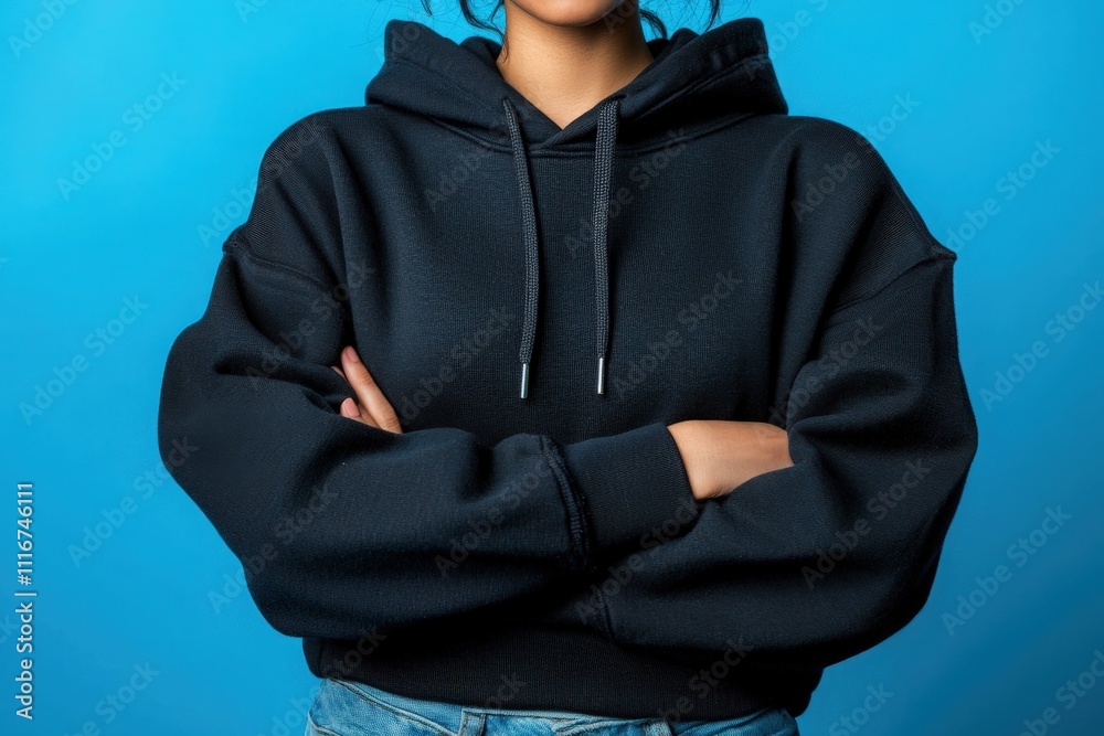 A person stands confidently with arms crossed, wearing a cozy dark hoodie. The bright blue background enhances the casual vibe, creating a striking visual contrast.