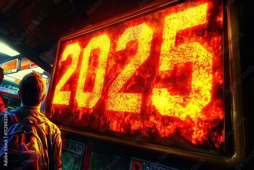 A person stands in front of a large, illuminated sign showing the number 2025 in fiery red. The setting appears urban, hinting at a forward-looking vibe in an environment filled with technology.