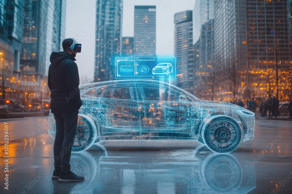 A person stands on a city street, wearing augmented reality glasses, captivated by a 3D hologram of a car. The urban landscape reflects rain and city lights illuminating the scene.