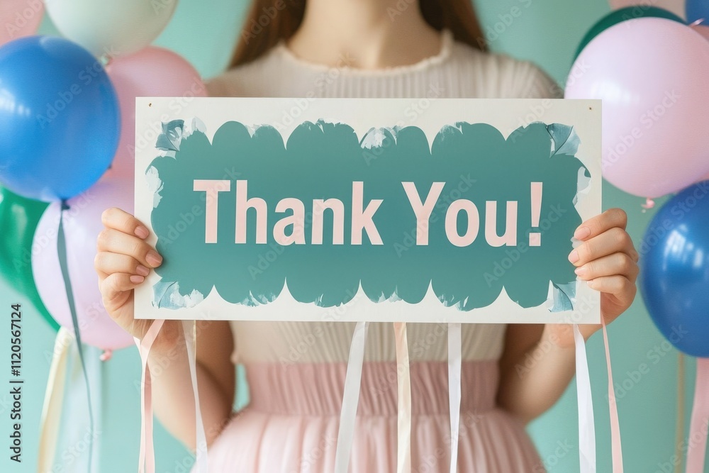 A person stands smiling while holding a large sign that says Thank You. Colorful balloons in various shades surround the individual, adding to the festive atmosphere of gratitude.