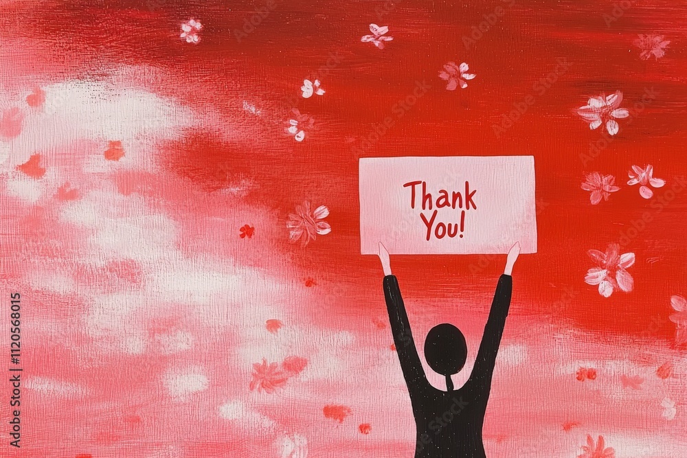 A person stands with arms raised, displaying a sign that says Thank You! Against a red and pink backdrop adorned with abstract flowers, conveying gratitude and appreciation.