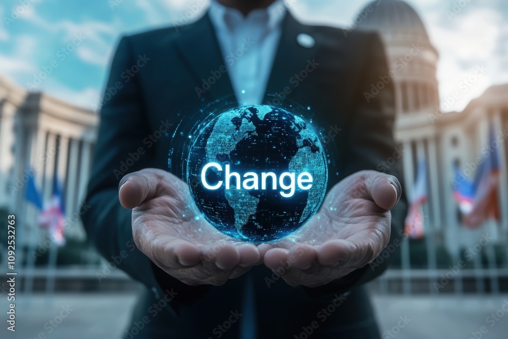 A person stands with hands outstretched, presenting a luminous globe inscribed with the word Change.